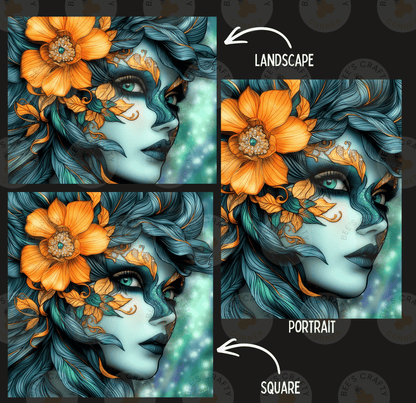 The image is a collage of three images depicting a woman's face with intricate floral and leaf designs. The first image shows the woman's face with a large orange flower, the second image shows the woman's face with a large yellow flower, and the third image shows the woman's face with a large orange flower. The images are labeled as "Landscape" and "Portrait" to indicate the different artistic styles used.