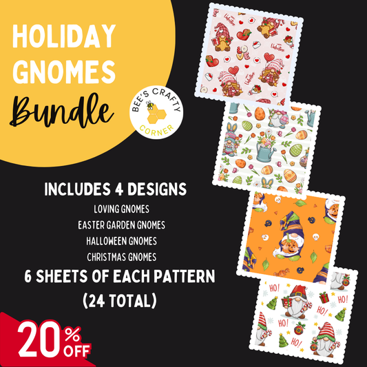 The image is an advertisement for a bundle of holiday gnome patterns, including designs for loving gnomes, Easter garden gnomes, Halloween gnomes, and Christmas gnomes. The bundle includes four patterns, and each pattern consists of six sheets of fabric. The bundle is offered at a 20% discount.