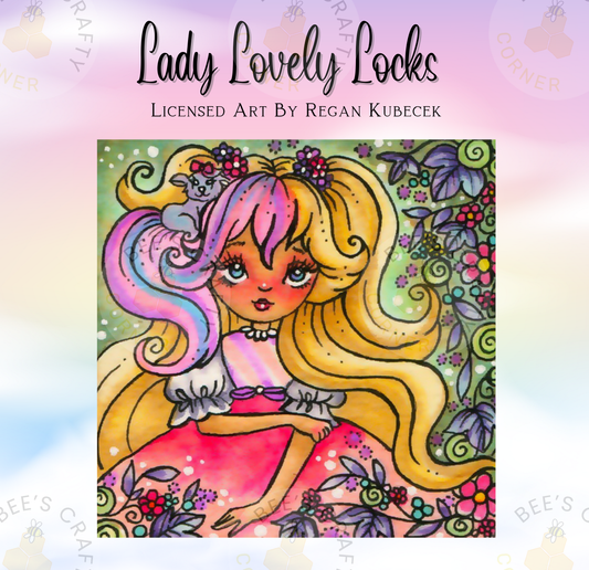 The image is a colorful illustration of a young girl with long, flowing hair and a flower in her hair, surrounded by a floral background.