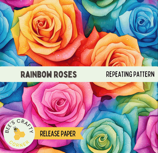 The image is a vibrant collage of colorful roses in various shades of orange, pink, yellow, and blue, creating a visually striking and lively composition.