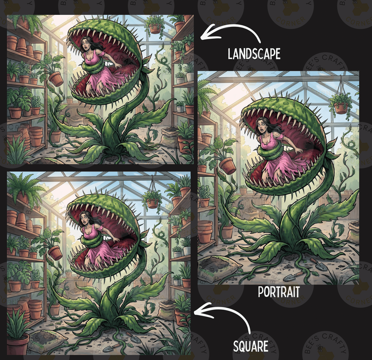 The image is a collage of three images depicting a woman in a greenhouse surrounded by carnivorous plants. The first image shows the woman inside the carnivorous plant, the second image shows the woman standing outside the carnivorous plant, and the third image shows the woman inside the carnivorous plant again. The image is labeled as a landscape, a portrait, and a square.