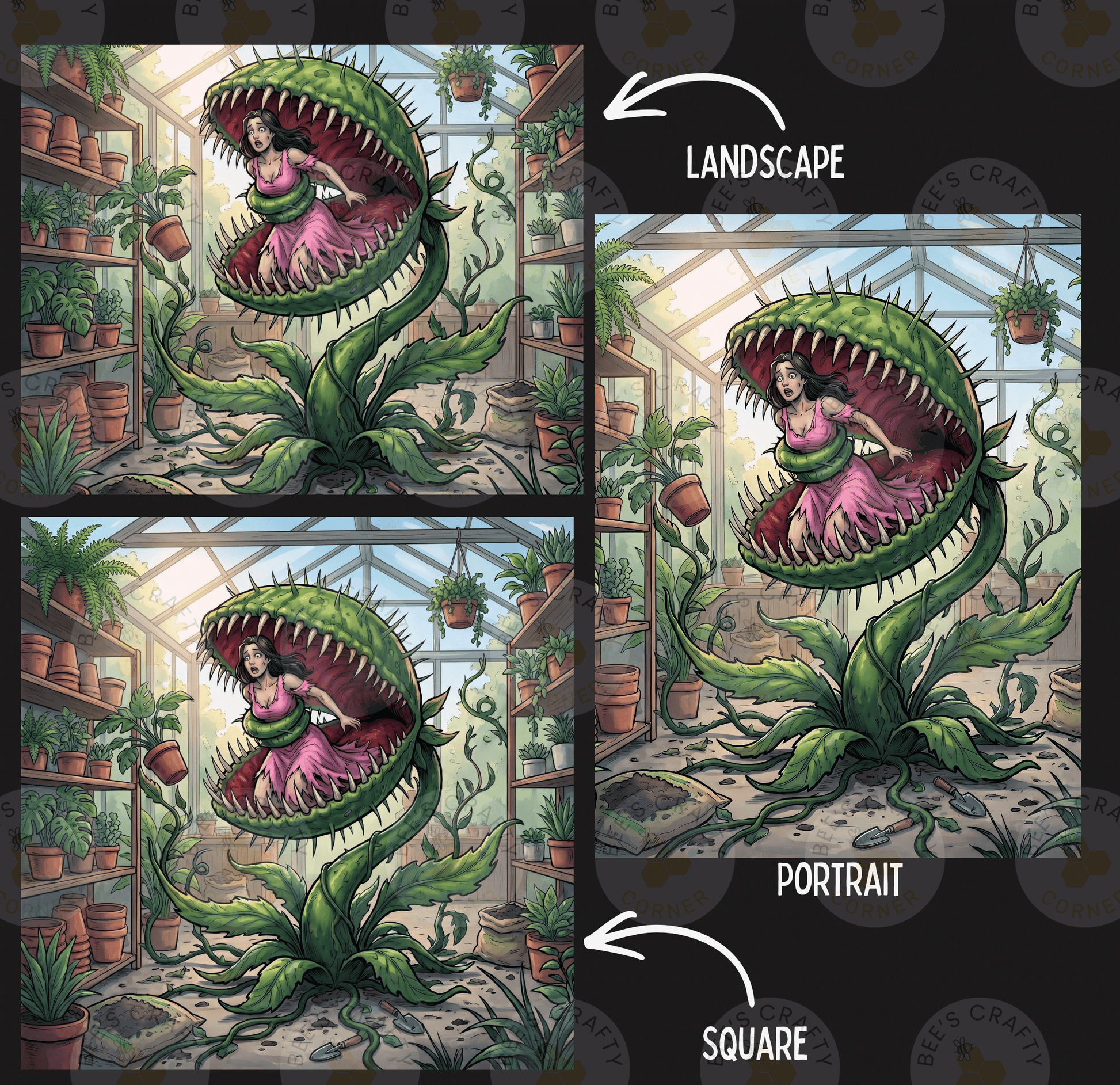 The image is a collage of three images depicting a woman in a greenhouse surrounded by carnivorous plants. The first image shows the woman inside the carnivorous plant, the second image shows the woman standing outside the carnivorous plant, and the third image shows the woman inside the carnivorous plant again. The image is labeled as a landscape, a portrait, and a square.