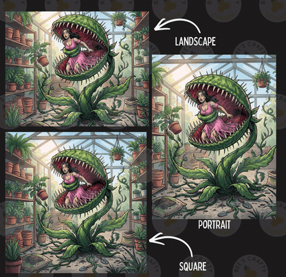 The image is a collage of three images depicting a woman in a greenhouse surrounded by carnivorous plants. The first image shows the woman inside the carnivorous plant, the second image shows the woman standing outside the carnivorous plant, and the third image shows the woman inside the carnivorous plant again. The image is labeled as a landscape, a portrait, and a square.