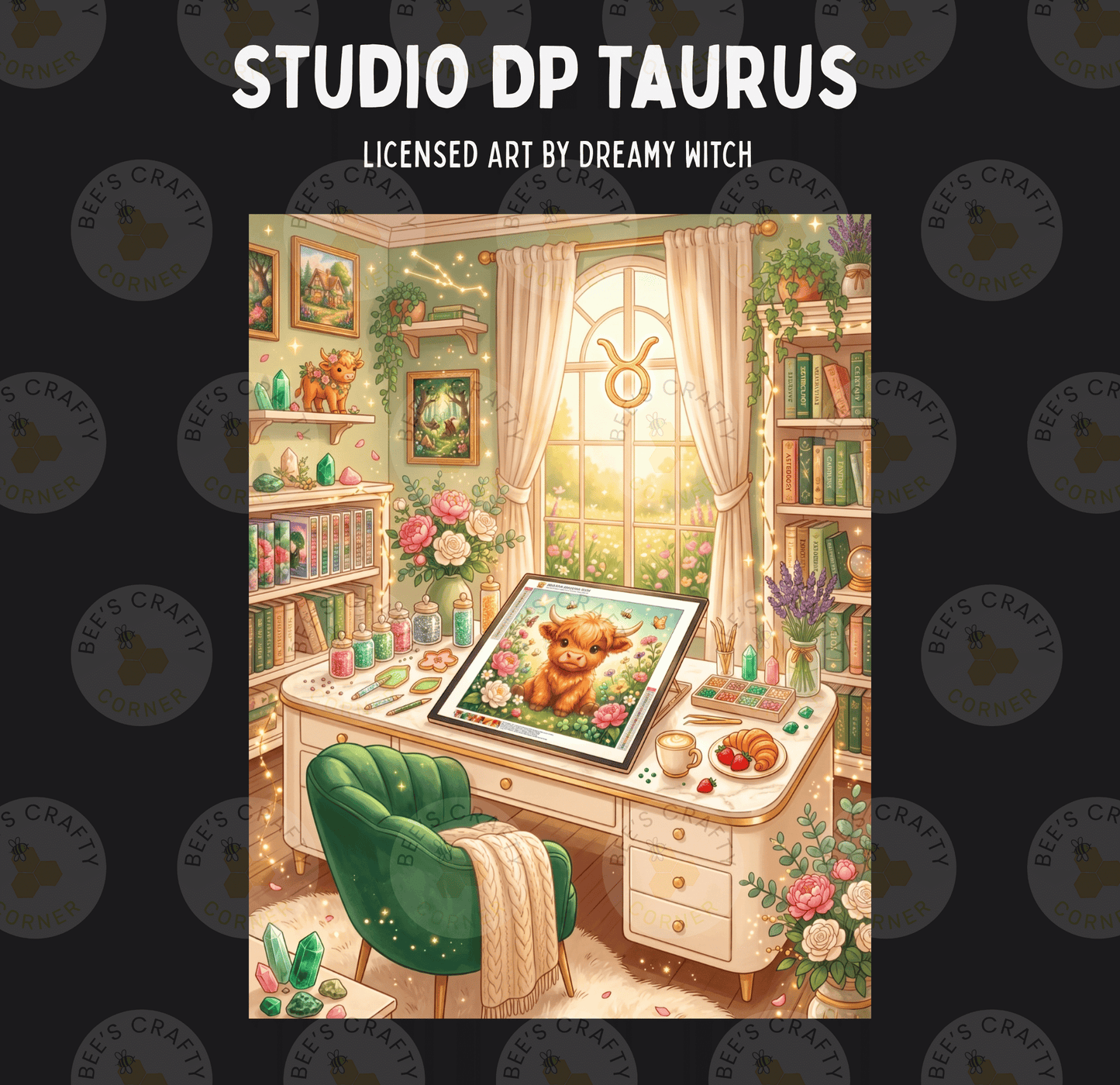 The image is a collage of various elements, including a desk with a painting of a taurus, a green armchair, a bookshelf, a window, and a teddy bear. The overall scene appears to be a cozy and creative workspace.