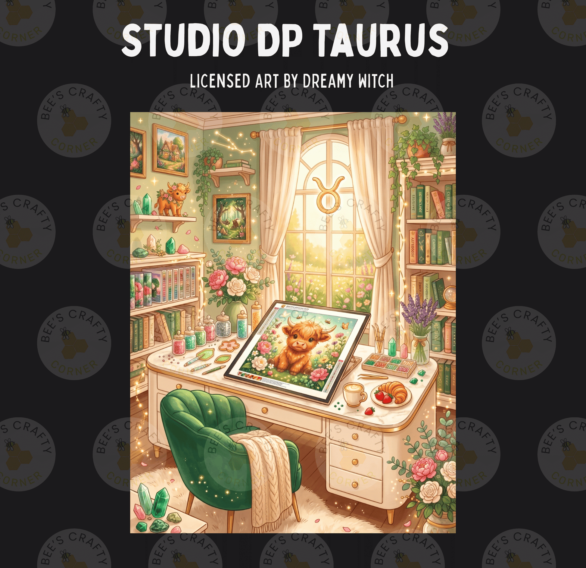 The image is a collage of various elements, including a desk with a painting of a taurus, a green armchair, a bookshelf, a window, and a teddy bear. The overall scene appears to be a cozy and creative workspace.