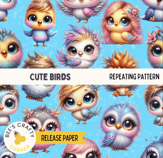 The image is a repeating pattern of various colorful and whimsical cartoon birds, including baby birds and fantastical creatures, against a blue background.