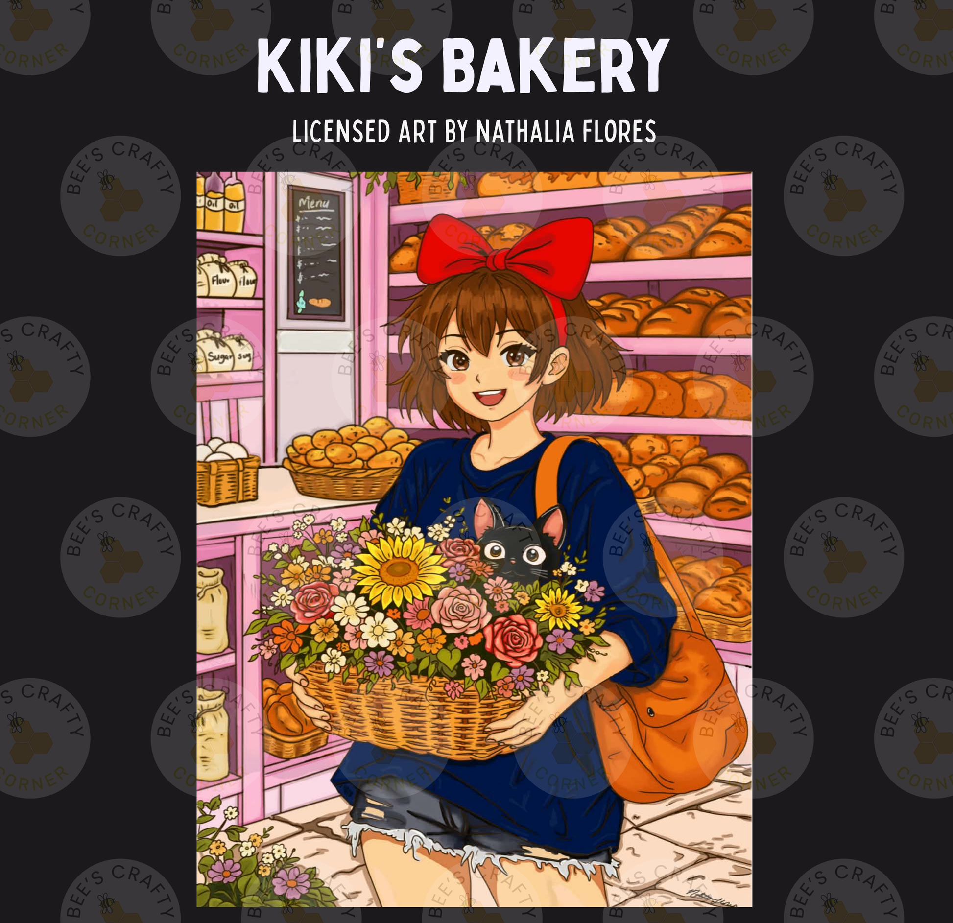 The image is an illustration of a young girl holding a basket filled with flowers, standing in front of a bakery.