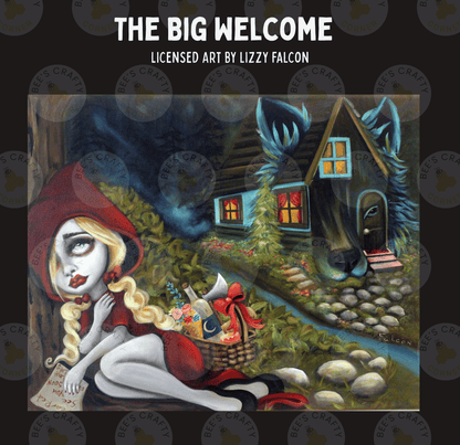 The image is a painting depicting a fairy tale scene with a young girl in a red hooded cloak, a wolf, and a cottage in a forest setting.
