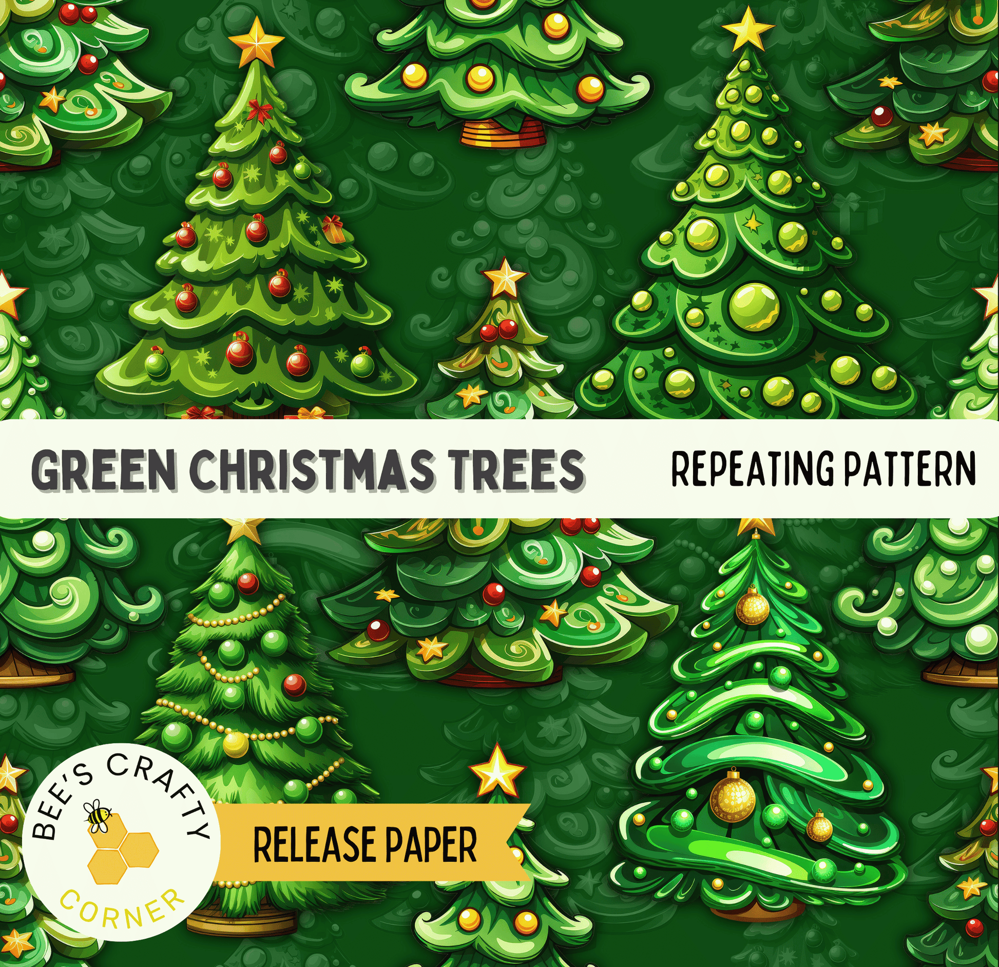 The image is a repeating pattern of green Christmas trees with red and gold ornaments, set against a dark green background.