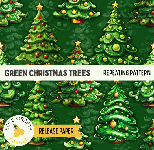 The image is a repeating pattern of green Christmas trees with red and gold ornaments, set against a dark green background.