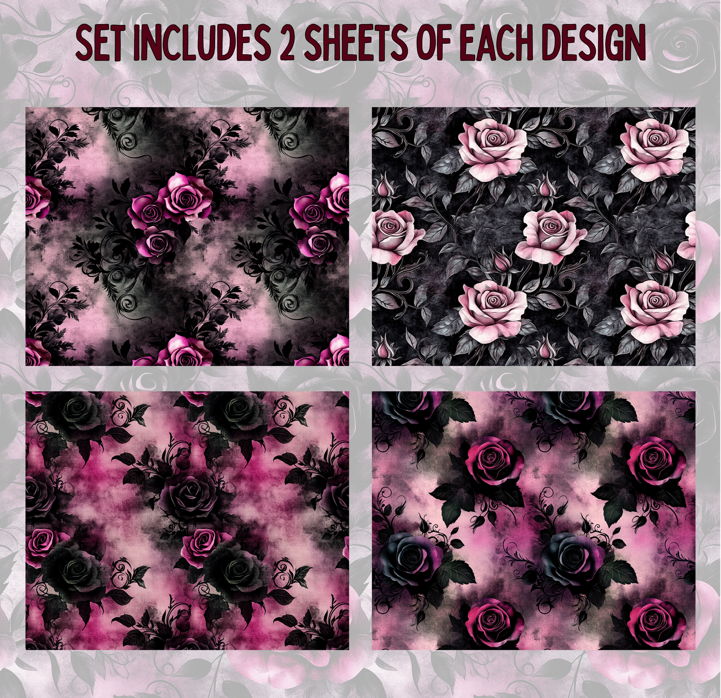 four different floral patterns, each with a unique design and color scheme. The patterns include roses in shades of pink and black, as well as other floral elements. The image does not contain any text or additional objects, and the arrangement of the patterns is not described in detail.