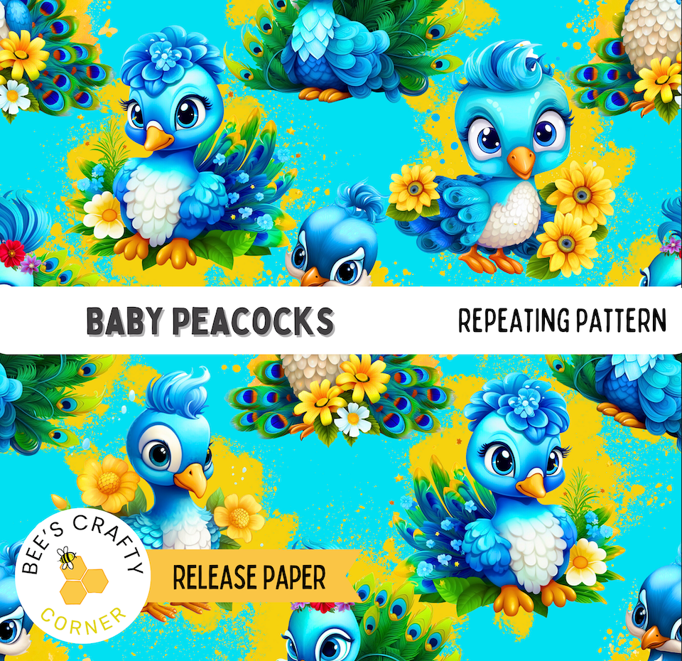 The image is a repeating pattern of cartoon blue birds with yellow flowers and green leaves, creating a vibrant and playful design.