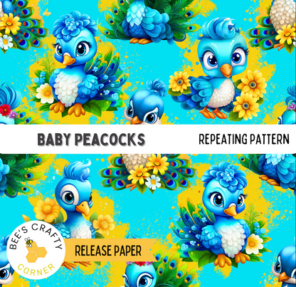 The image is a repeating pattern of cartoon blue birds with yellow flowers and green leaves, creating a vibrant and playful design.