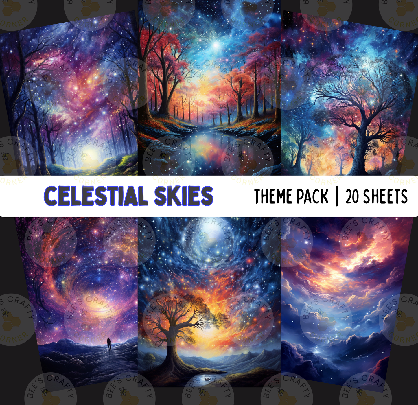The image is a theme pack of 20 sheets featuring various celestial skies, including a starry night sky, a colorful sunrise, a vibrant sunset, and a serene landscape with a tree and a body of water.