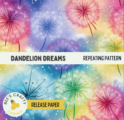 The image is a vibrant and colorful collage of dandelion-like flowers in various shades of pink, blue, green, and yellow, creating a repeating pattern across the entire image.