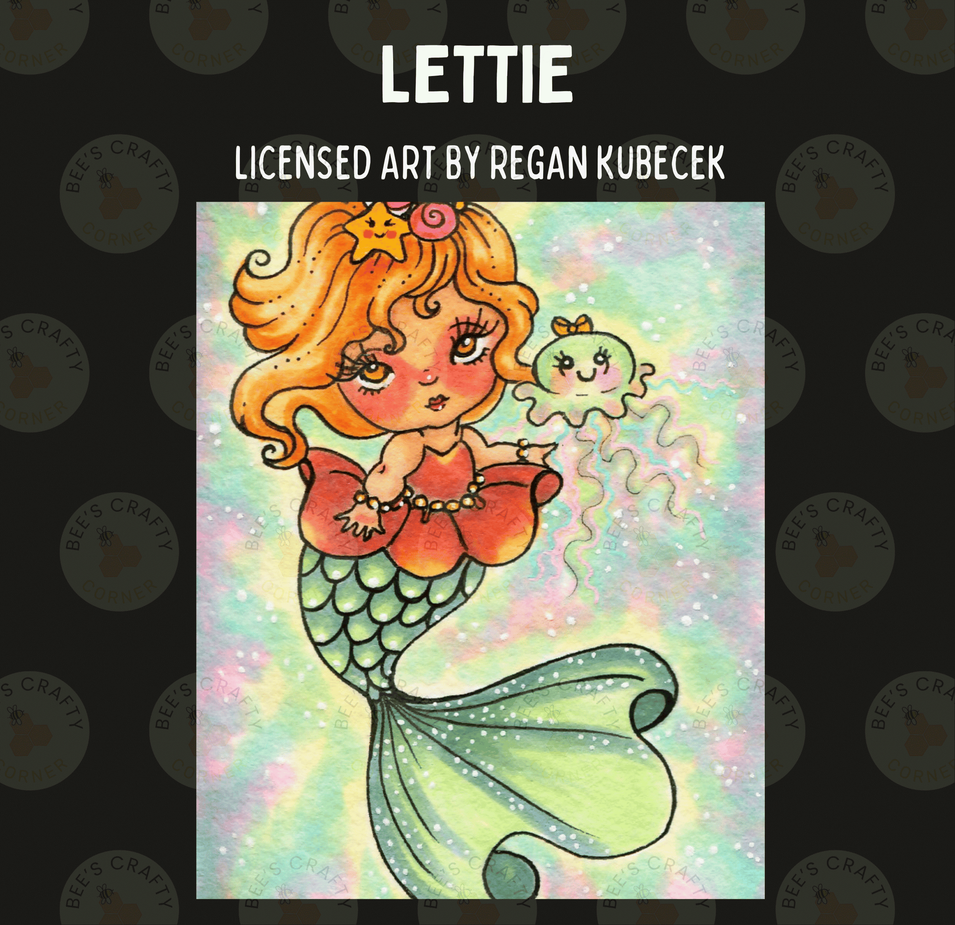 The image is a colorful illustration of a mermaid character with a starfish on her head, set against a background of water and bubbles.