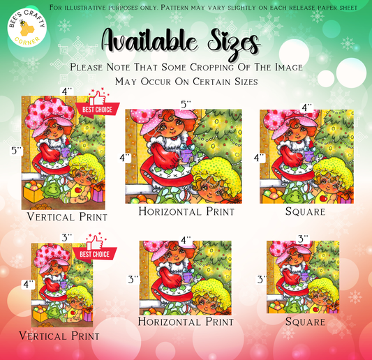 The image is a collage of six different sizes of illustrations featuring a woman and a child. The illustrations are of various styles and are presented in a vertical layout. The sizes of the illustrations range from 3" to 4" in height. The collage includes a vertical print, a horizontal print, a square print, and a horizontal print. The collage is designed for illustrative purposes, and the sizes may vary slightly on each release.