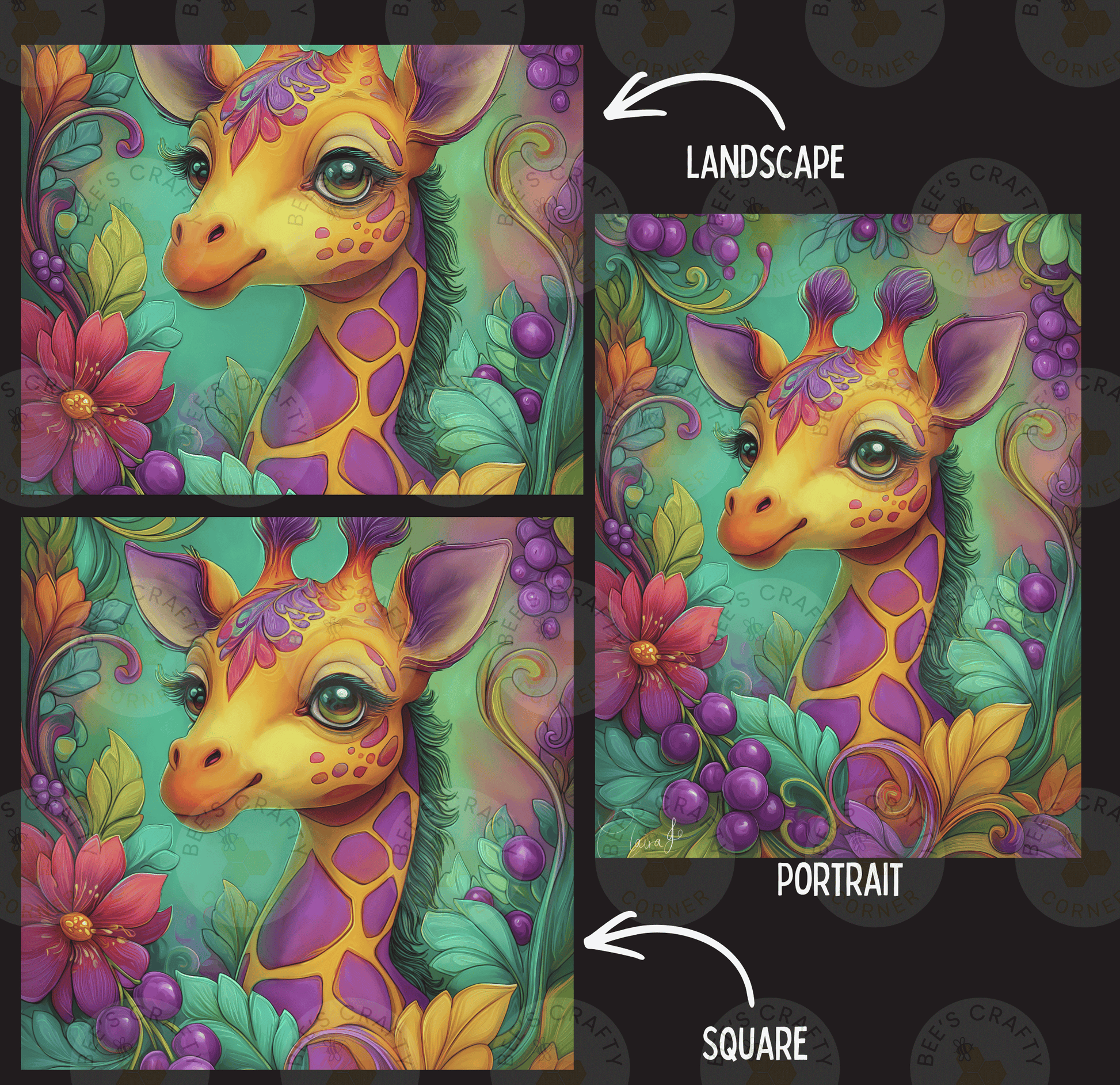The image is a collage of three images depicting a giraffe surrounded by colorful flowers and foliage. The first image is a landscape, the second is a portrait, and the third is a square.