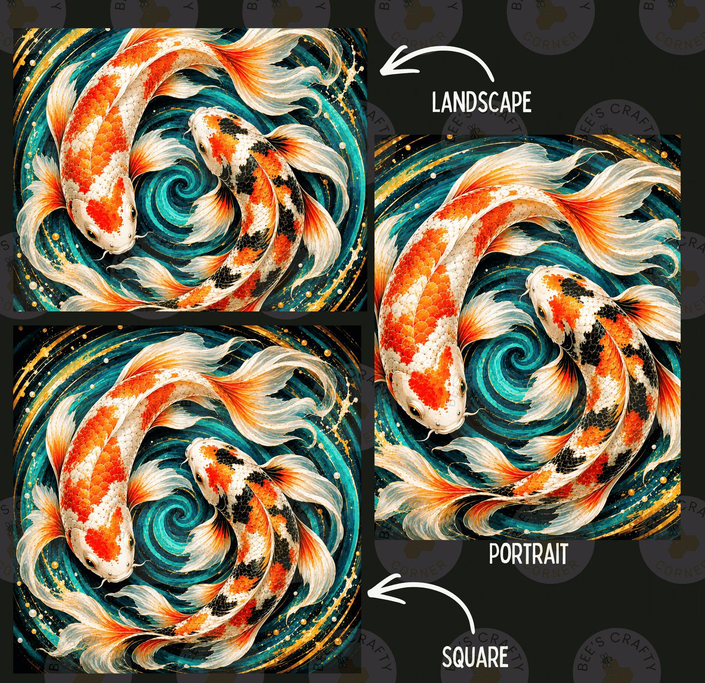 The image is a collage of three images depicting koi fish in different artistic styles: landscape, portrait, and square.