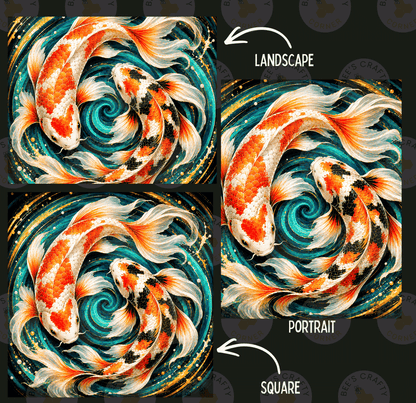 The image is a collage of three images depicting koi fish in different artistic styles: landscape, portrait, and square.