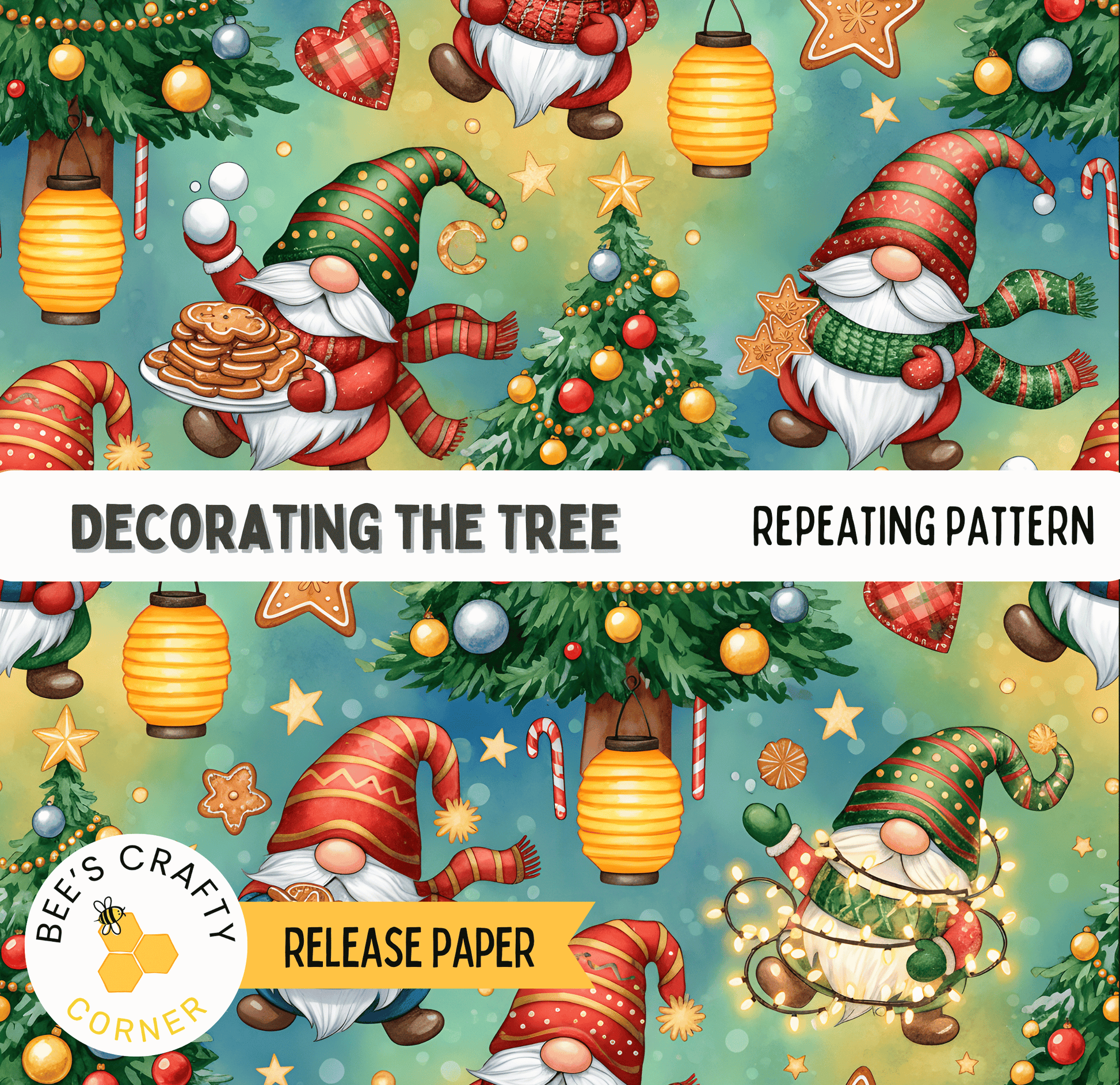 The image is a repeating pattern featuring various Christmas-themed gnomes and decorations, including trees, ornaments, and lights.