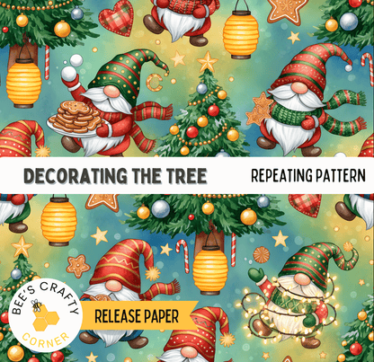The image is a repeating pattern featuring various Christmas-themed gnomes and decorations, including trees, ornaments, and lights.