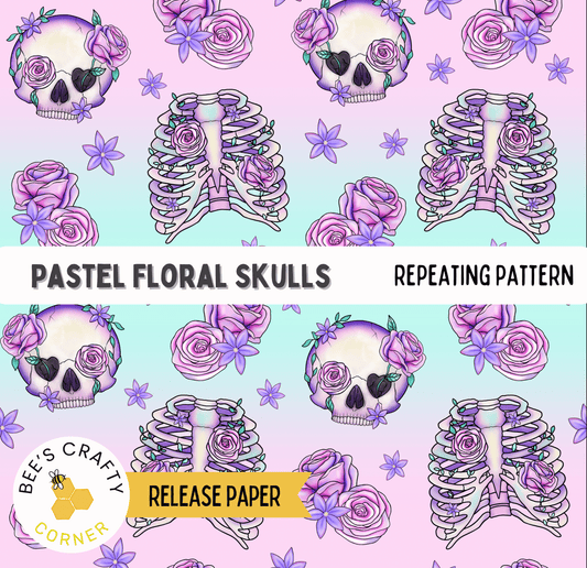 The image is a repeating pattern of pastel floral skulls and purple flowers on a pink background.