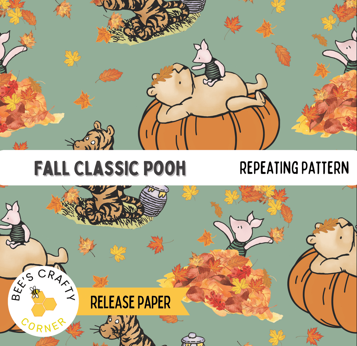 The image is a repeating pattern featuring illustrations of characters from the classic children's story Winnie the Pooh, including Piglet, Tigger, and other beloved characters, all set against a background of autumn leaves.