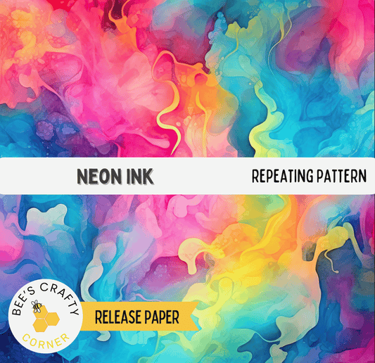 The image is a vibrant and colorful abstract painting, featuring swirling patterns of neon-colored ink. The text "NON INK" and "REPEATING PATTERN" are prominently displayed, indicating the type of ink used and the repeating pattern. The phrase "RELEASE PAPER" suggests that this is a release paper for the ink. The image is a part of a larger collection of artworks, as indicated by the text "BEACY" and "CORNER" at the bottom.