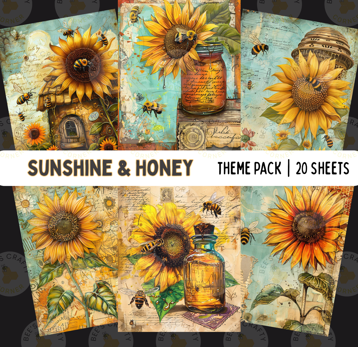 The image is a theme pack containing 20 sheets of artwork, each featuring a different scene with sunflowers and honey. The artwork includes various interpretations of sunflowers and honey, such as a bee hive, a jar of honey, and a sunflower with a bee on it. The overall theme is focused on the beauty and sweetness of sunflowers and honey, with a touch of vintage or rustic elements.