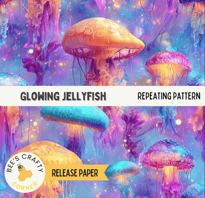 The image is a vibrant and colorful collage of various jellyfish and marine life, including glowing jellyfish, creating a visually striking and imaginative scene.