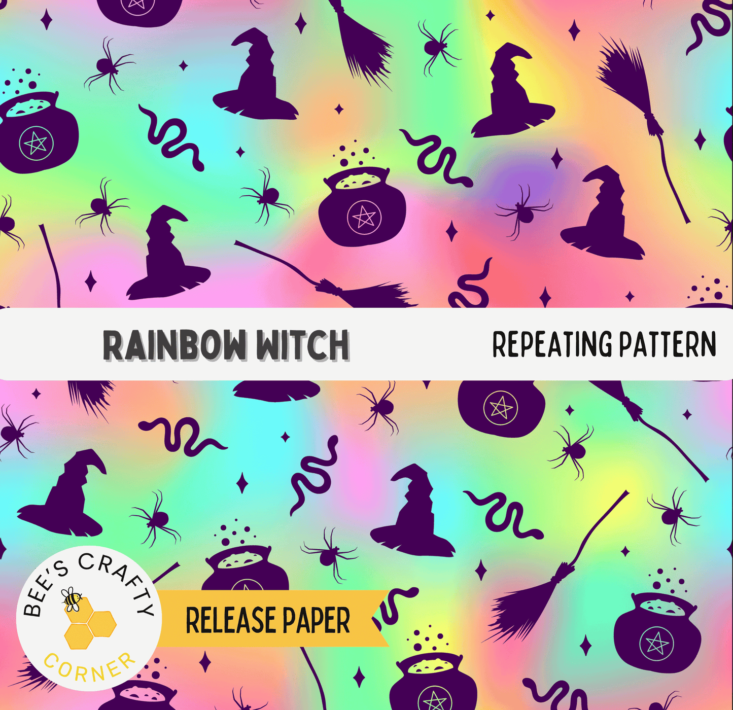 The image is a repeating pattern featuring silhouettes of witch hats, pots, and spiders against a rainbow gradient background.