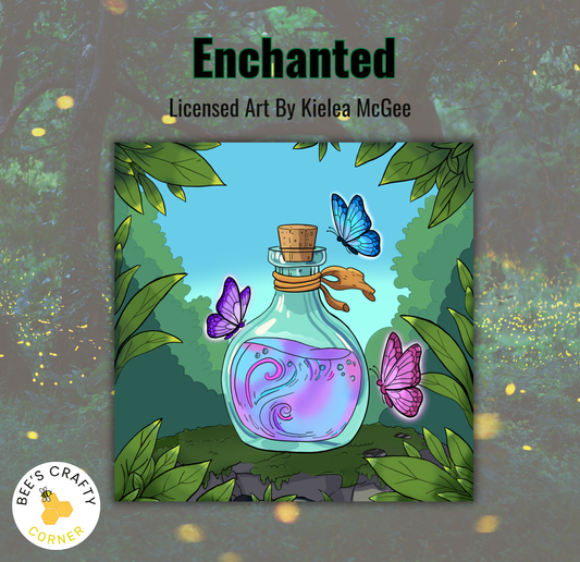 The image is a painting of a glass bottle containing a purple liquid, surrounded by butterflies and lush greenery.