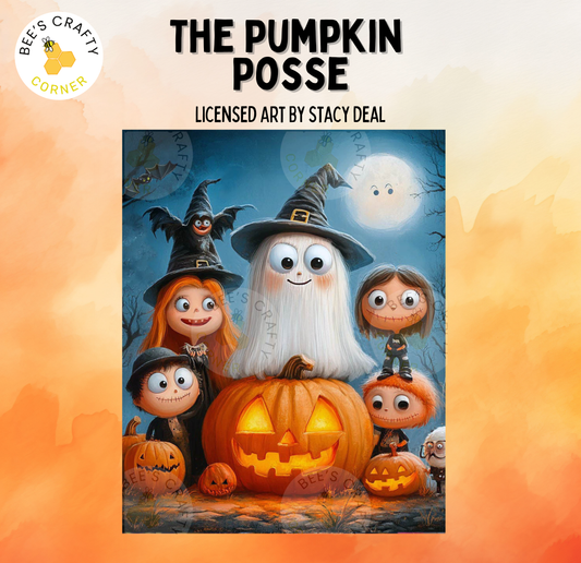 The image is a Halloween-themed illustration featuring a group of cartoon characters, including a ghost, a witch, and several jack-o-lanterns, all set against a spooky background with a full moon and bats.