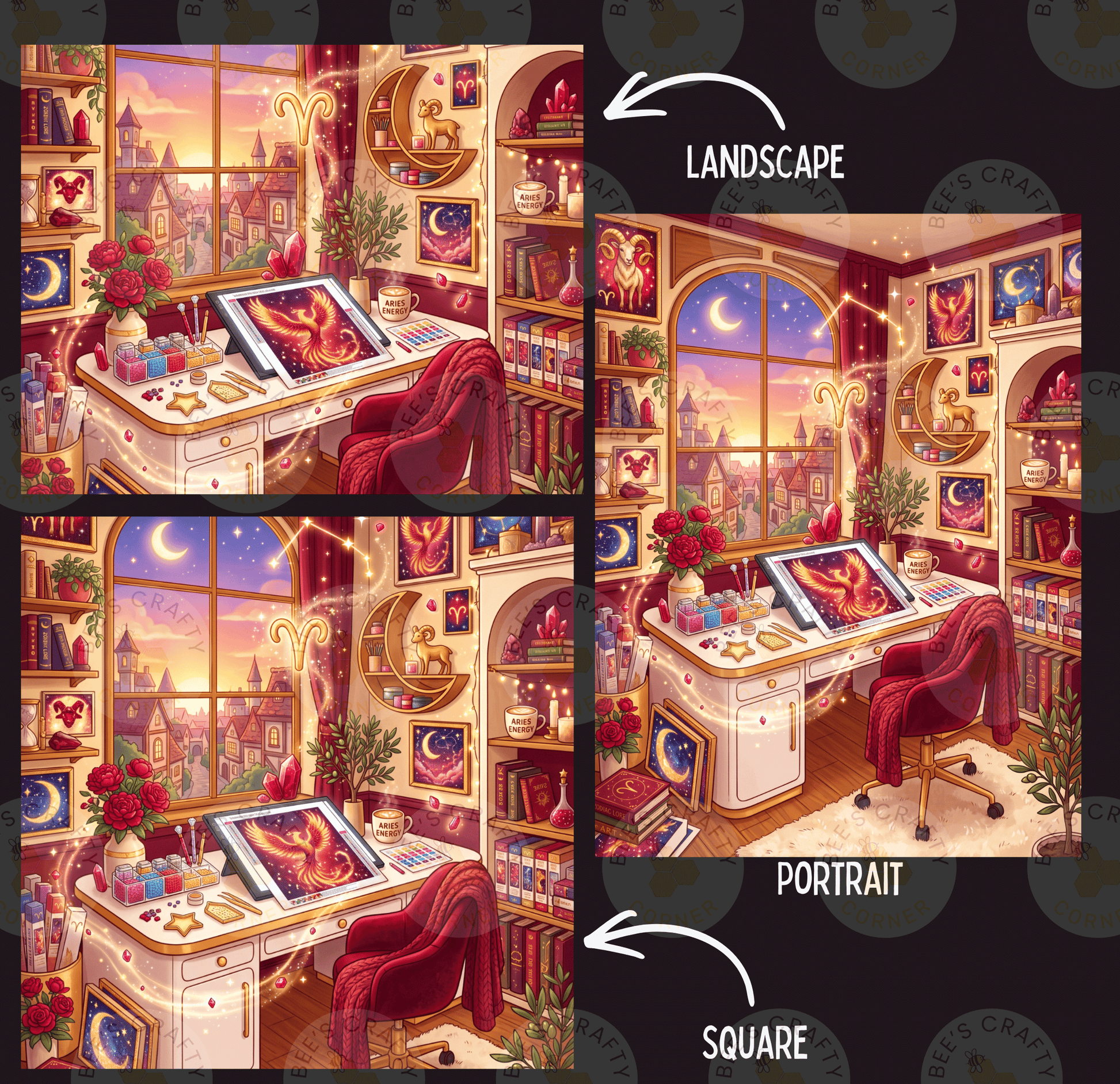 The image is a collage of three pictures depicting a fantastical, whimsical room with a landscape and portrait theme. The room features a desk with a computer, a large window with a crescent moon, and various decorative elements such as plants, vases, and bookshelves. The collage includes a landscape and portrait of the room, with the landscape showing a cityscape and the portrait showing a detailed view of the room's interior.