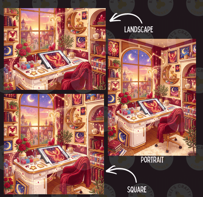 The image is a collage of three pictures depicting a fantastical, whimsical room with a landscape and portrait theme. The room features a desk with a computer, a large window with a crescent moon, and various decorative elements such as plants, vases, and bookshelves. The collage includes a landscape and portrait of the room, with the landscape showing a cityscape and the portrait showing a detailed view of the room's interior.