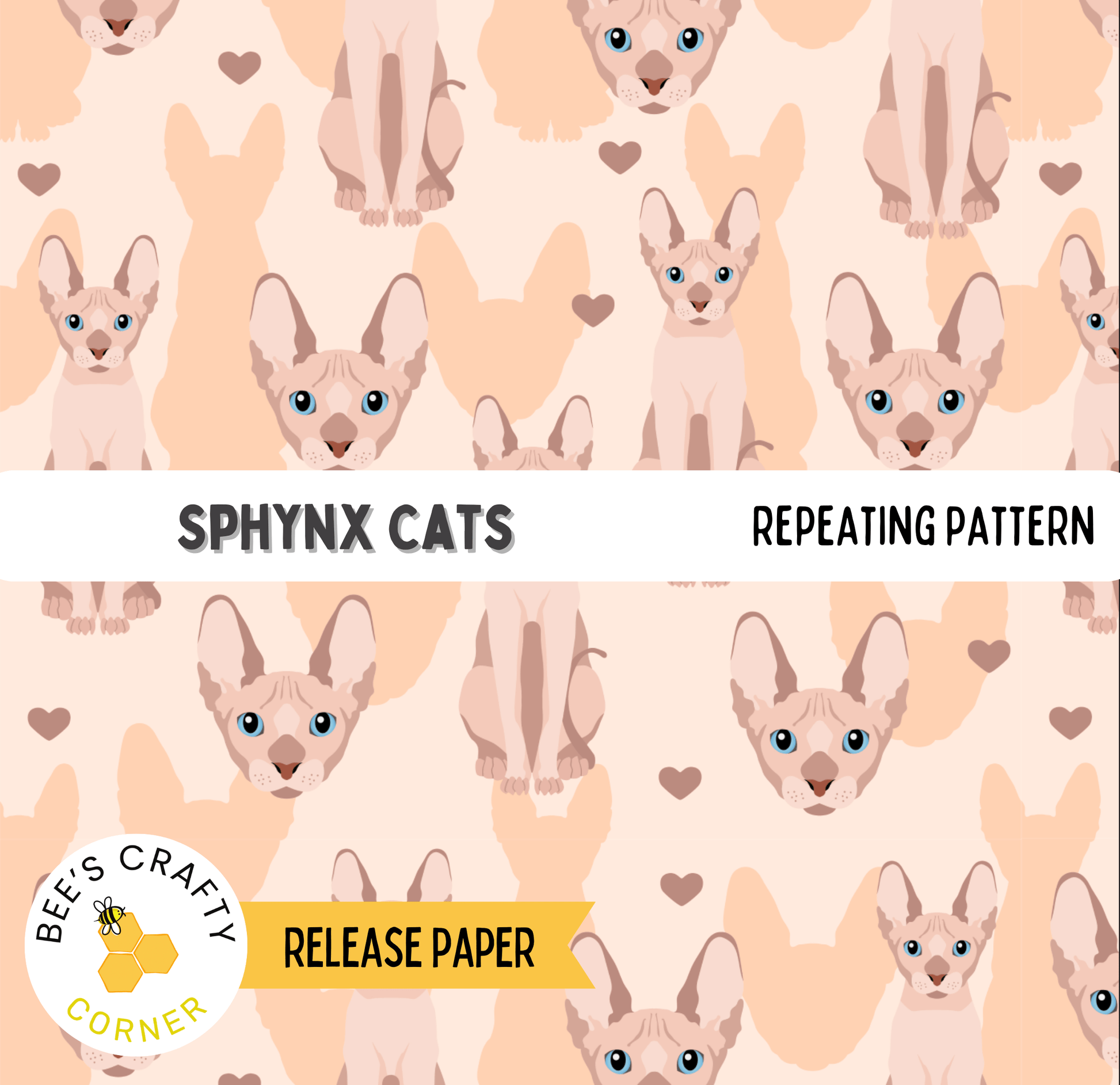 The image is a repeating pattern of stylized images of cats, specifically Siamese cats, against a peach-colored background.