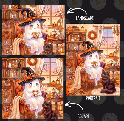 The image is a collage of three images depicting a Halloween-themed scene with a ghost, a cat, and various Halloween decorations.