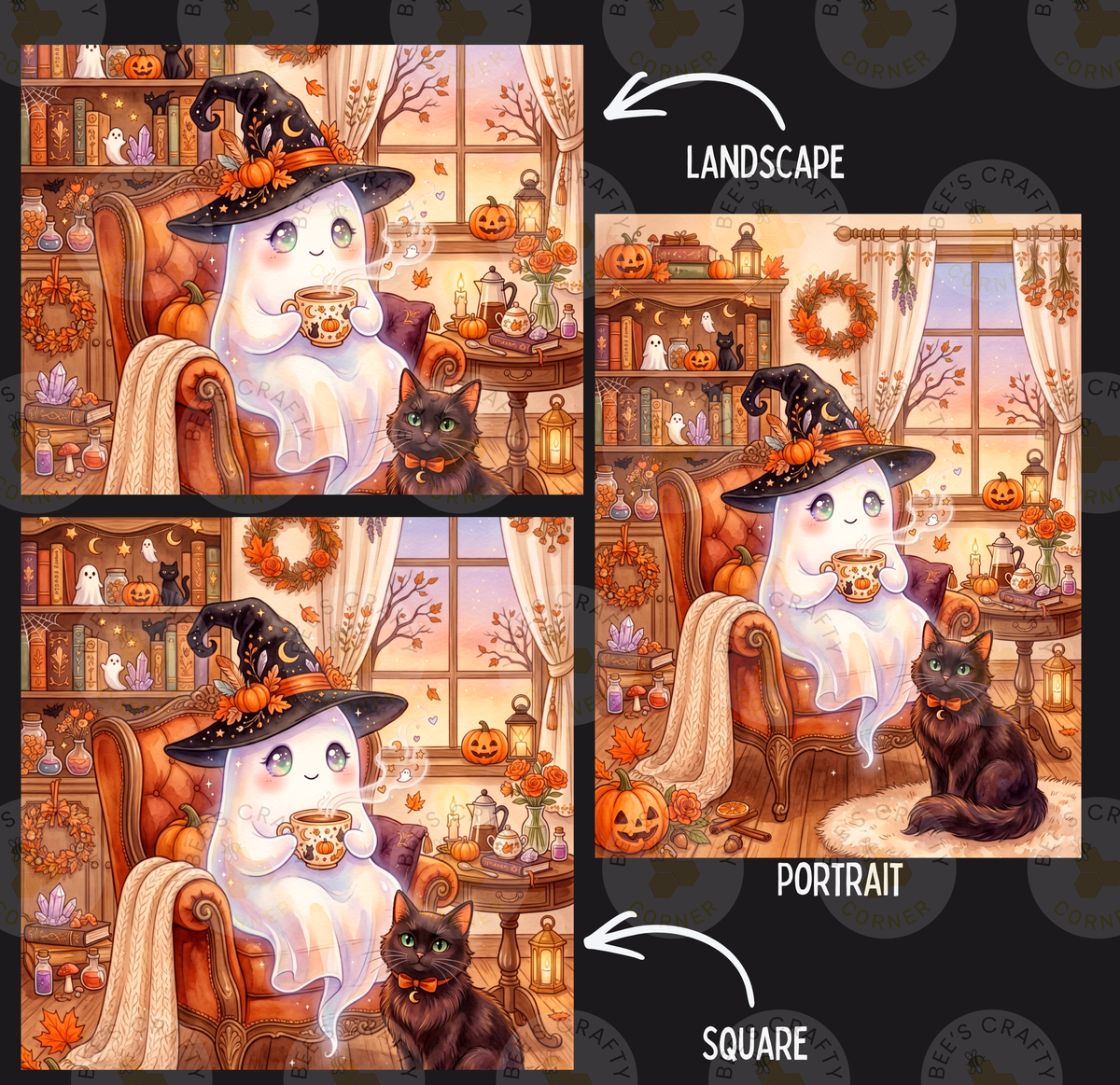 The image is a collage of three images depicting a Halloween-themed scene with a ghost, a cat, and various Halloween decorations.