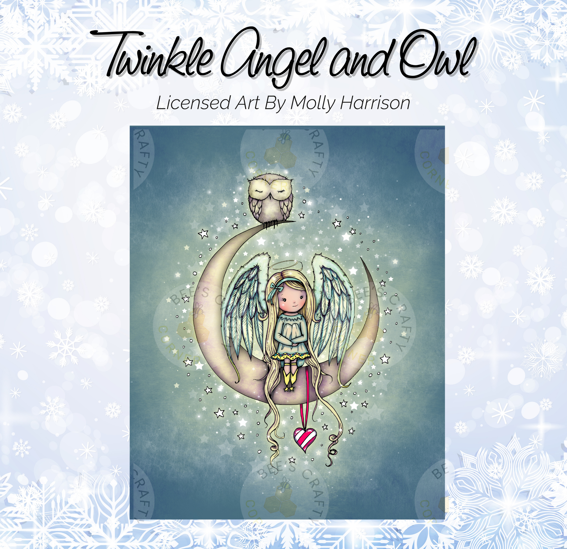 The image is a digital illustration featuring a fairy-like character with wings and a crescent moon, surrounded by stars and snowflakes.