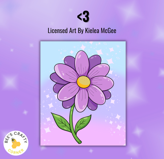 The image is a digital illustration of a purple flower with a yellow center, set against a purple background with white stars.