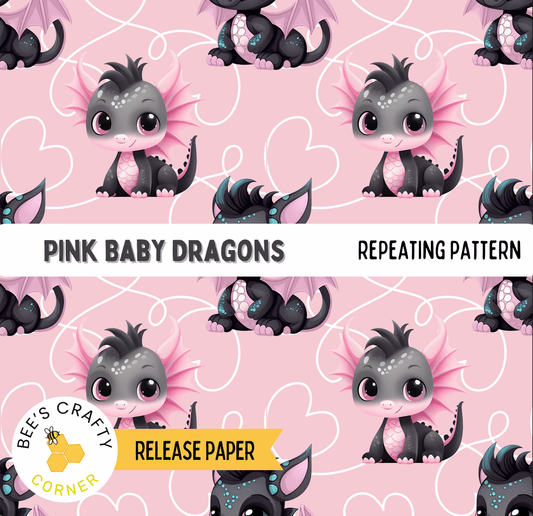 The image is a repeating pattern of pink baby dragons on a pink background.
