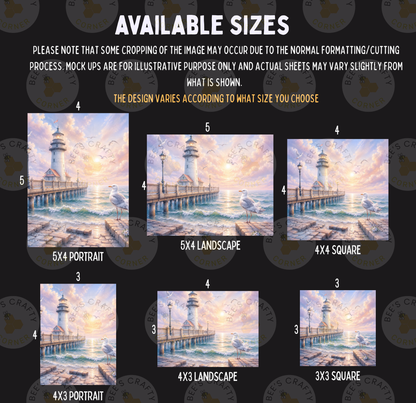 a collection of six different sizes of paintings or illustrations of a lighthouse and a pier, each depicting a seascape scene.