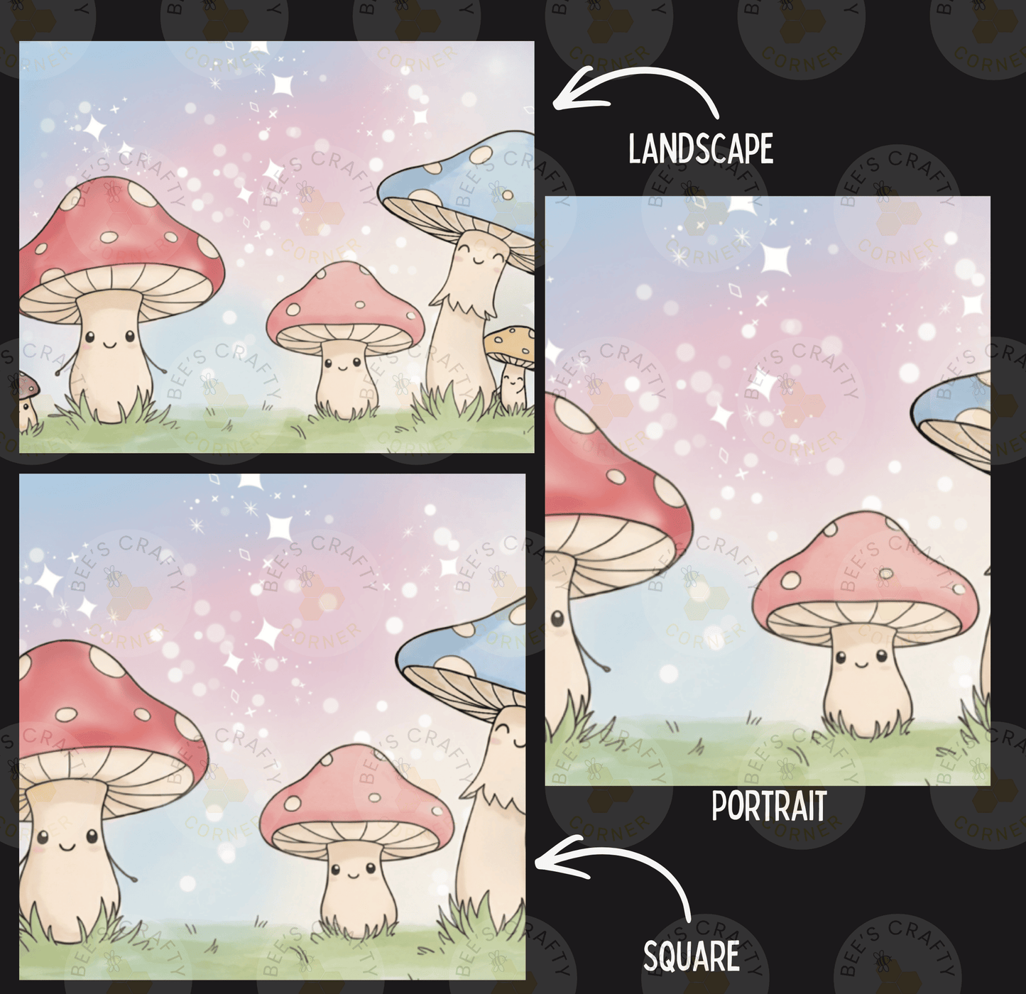 The image is a collage of three pictures depicting mushrooms in different landscapes. The first picture shows a group of mushrooms in a grassy field, the second picture depicts the same mushrooms in a forest setting, and the third picture features the mushrooms in a square-shaped landscape.