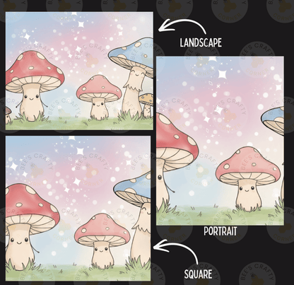 The image is a collage of three pictures depicting mushrooms in different landscapes. The first picture shows a group of mushrooms in a grassy field, the second picture depicts the same mushrooms in a forest setting, and the third picture features the mushrooms in a square-shaped landscape.