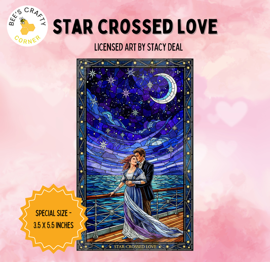 The image is a poster for a stained glass artwork titled "Star Crossed Love" by the artist, which is a special size of 3.5 x 5.5 inches.
