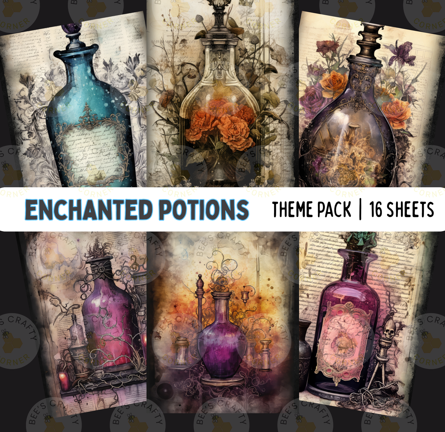 The image is a theme pack containing 16 sheets of artwork featuring various enchanting bottles and vases. The artwork showcases a range of colors, shapes, and designs, including bottles with intricate patterns, vases with floral arrangements, and bottles with ornate labels. The overall theme appears to be focused on the beauty and artistry of these objects, with a particular emphasis on the enchanting and magical qualities they possess.