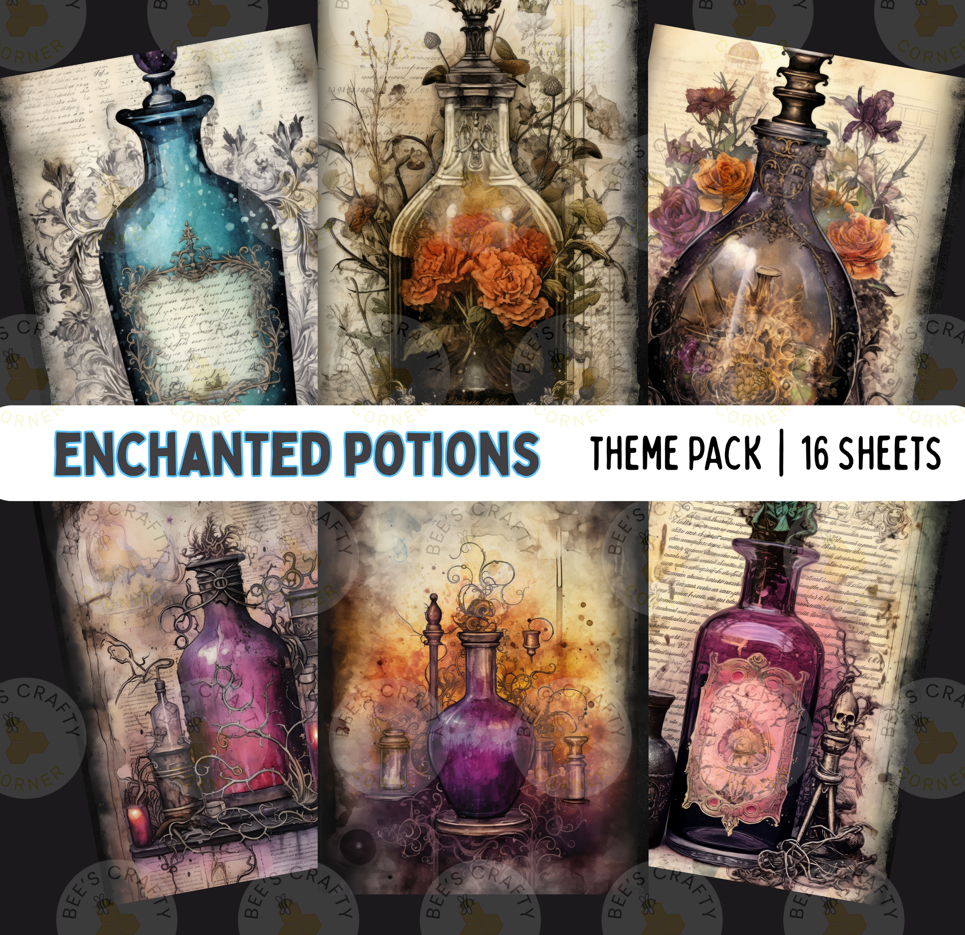 The image is a theme pack containing 16 sheets of artwork featuring various enchanting bottles and vases. The artwork showcases a range of colors, shapes, and designs, including bottles with intricate patterns, vases with floral arrangements, and bottles with ornate labels. The overall theme appears to be focused on the beauty and artistry of these objects, with a particular emphasis on the enchanting and magical qualities they possess.