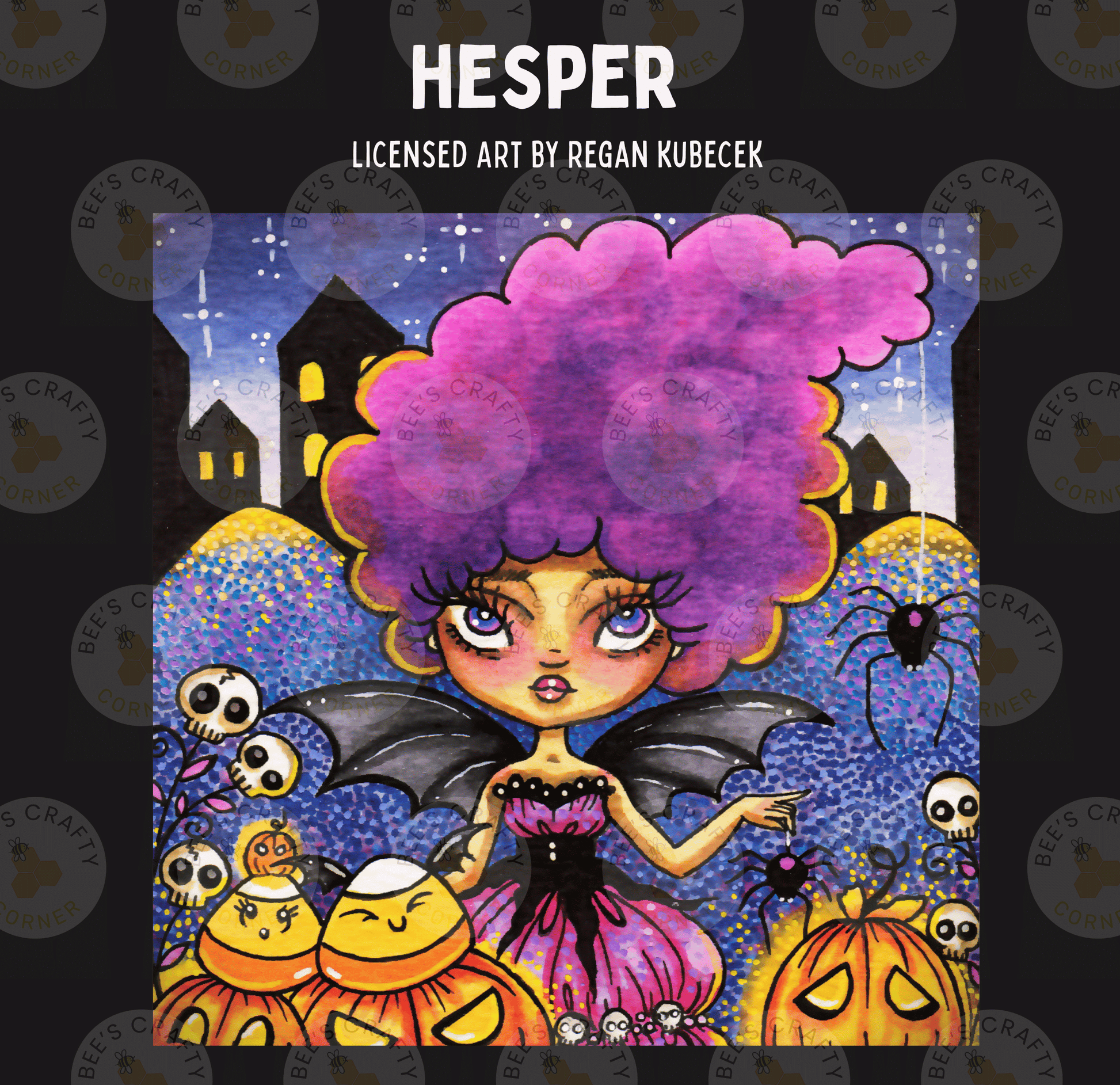 The image is a vibrant illustration featuring a young girl with a large, fluffy purple wig, dressed in a purple dress, and surrounded by various Halloween-themed elements such as bats, pumpkins, and skulls.