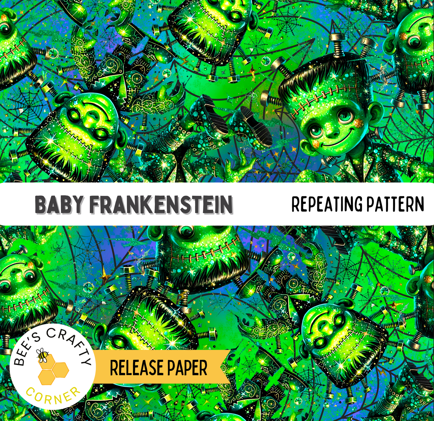 The image is a repeating pattern featuring a variety of green and black characters resembling bugs or insects, with some of them appearing to be skulls or other skull-like features. The pattern is vibrant and colorful, creating a visually striking and dynamic design.